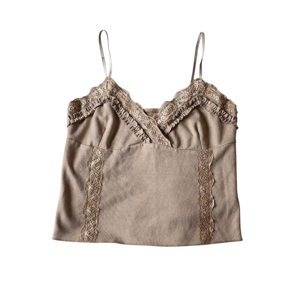 Womans Y2K Lace Trim Brown Velvet Tank Top